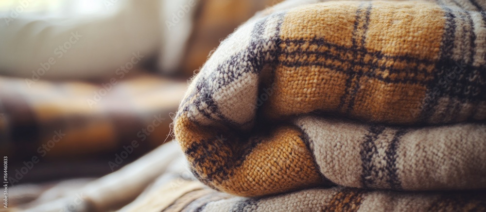 Poster cozy warm plaid blanket folded with selective focus creating a nostalgic atmosphere in soft natural 