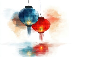 Obraz premium Two vibrant lanterns, one blue and one red, hang gracefully against a soft, colorful backdrop, reflecting a serene ambiance.