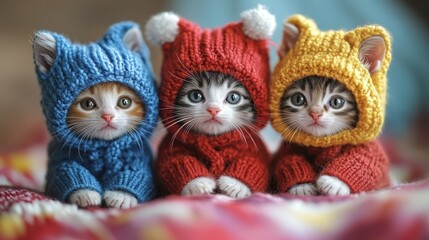 Fototapeta premium Three playful kittens wear bright, knitted sweaters while sitting together on a soft blanket. Their cute expressions and vibrant colors create a heartwarming atmosphere. Generative AI