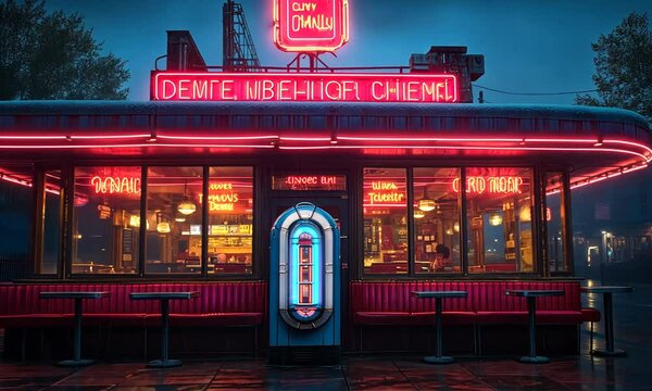 Retro diner at night with neon signs and jukebox.