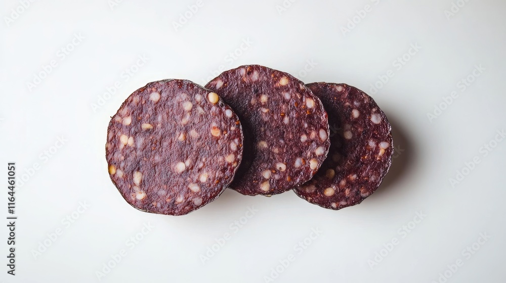 Poster sliced cured meat on a white background showcasing texture and color contrast for culinary presentat