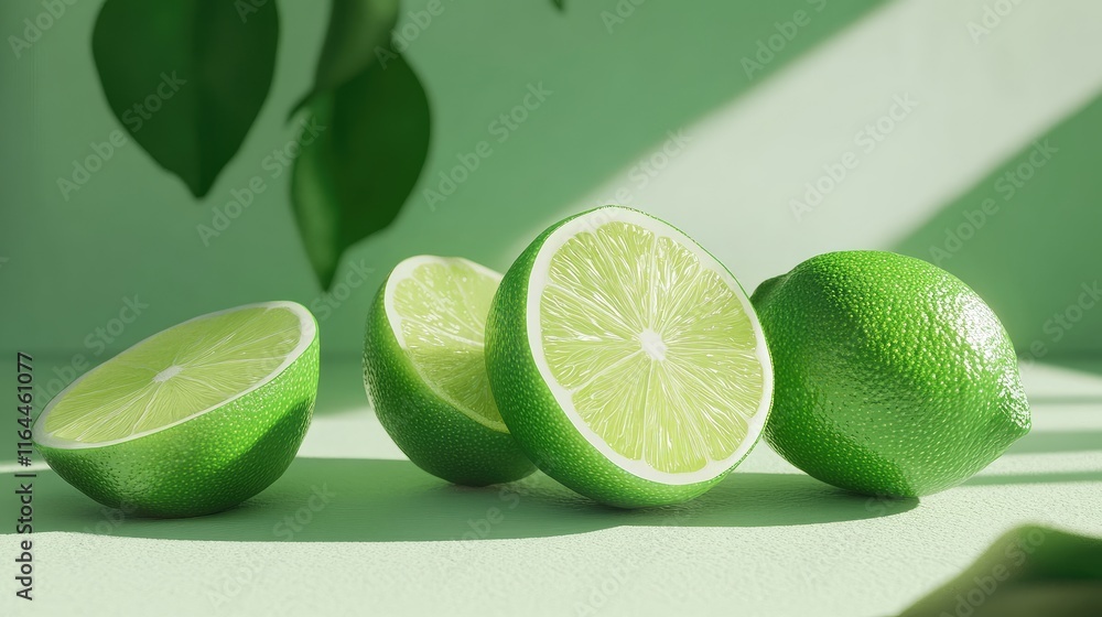 Aufkleber fresh lime fruits arranged on a green countertop with natural light highlighting their texture and c