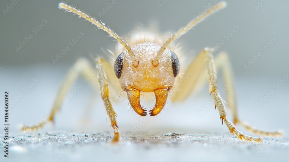 Poster detailed macro shot of a small ant isolated against a soft white background highlighting distinct fe