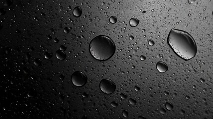Water droplets on a dark surface creating circular patterns and reflections showcasing texture and contrast in a minimalistic aesthetic.