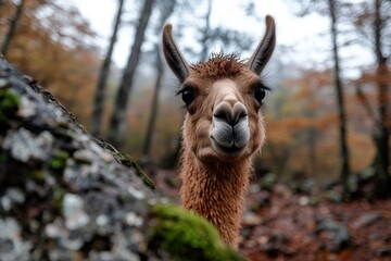Fototapeta premium A curious llama peeks from behind a moss-covered boulder, illustrating the playful and enchanting spirit of wildlife amid a tranquil forest setting filled with rich textures and colors.