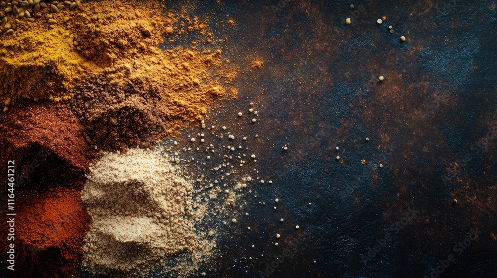 Poster colorful spices and baking ingredients arranged on a dark surface creating a rustic background with 