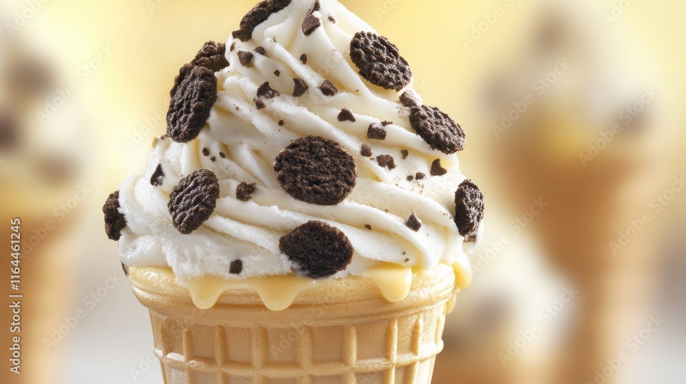 Poster delicious cookies and cream ice cream cone topped with whipped cream and cookie crumbles on a soft s
