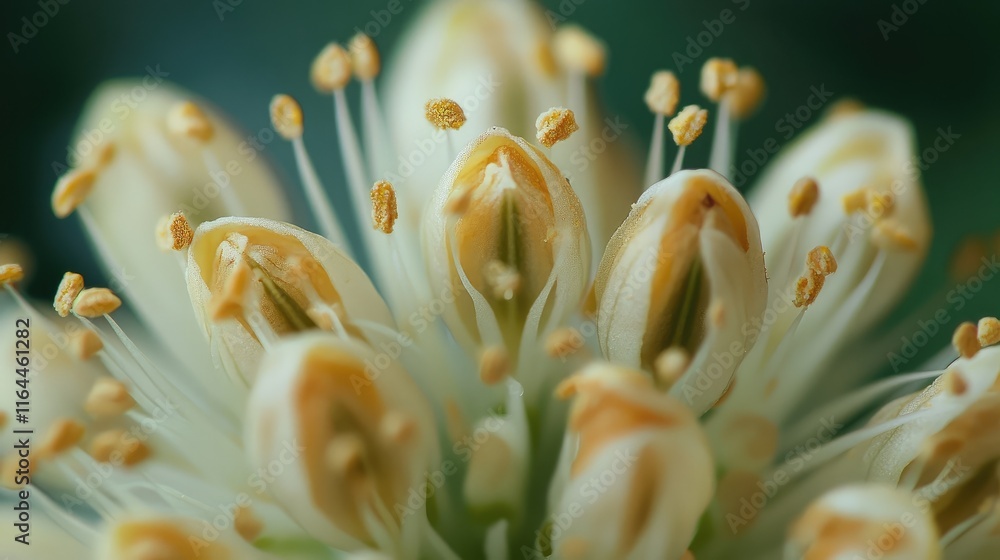 Poster macro view of delicate open flowers showcasing intricate details of petals and stamens against a sof
