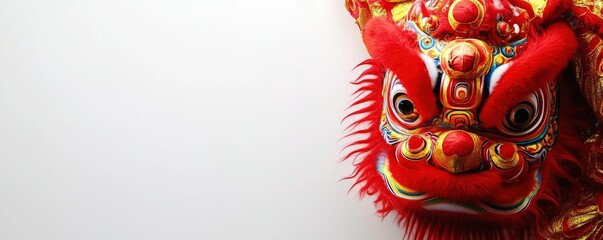 Obraz premium A vibrant, ornate lion mask featuring bright reds and intricate designs, symbolizing cultural traditions and festivities.