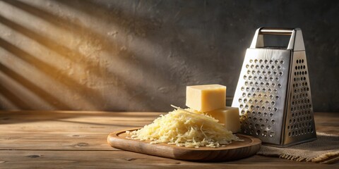 A wooden board holds freshly grated cheese, with additional cheese cubes and a metal grater nearby, illuminated by sunlight.