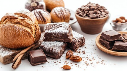 Assorted bakery items and chocolate delicacies arranged on a white background showcasing delectable treats and rich textures