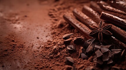 Fototapeta premium Cinnamon sticks and cocoa powder with dark chocolate pieces on a textured background for culinary and holiday themed compositions