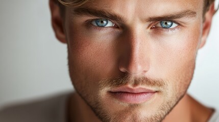 Obraz premium Close up portrait of a handsome man with striking blue eyes against a soft light grey background, showcasing confidence and beauty.