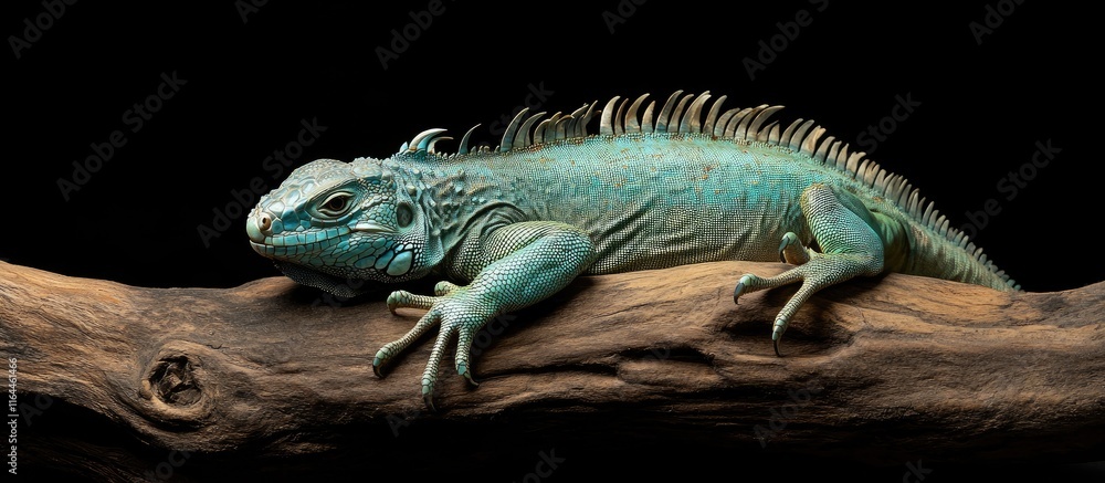 Poster close up of a colorful iguana resting on a branch highlighting intricate scales and vivid hues again