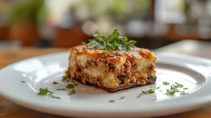 Delicious baked eggplant casserole with minced meat garnished with fresh herbs on a white plate in a cozy dining setting.