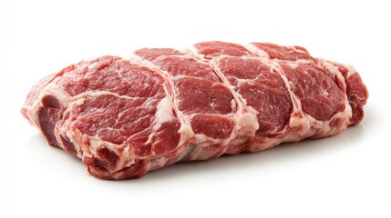 Fototapeta premium Freshly prepared pork roast on a clean white background showcasing marbled meat texture ready for cooking or presentation in a culinary setting.