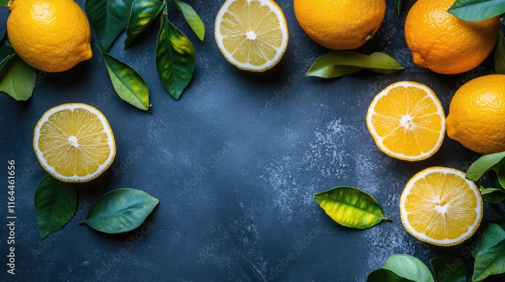 Poster fresh citrus fruits and leaves arranged on a dark stone background creating a vibrant and inviting c