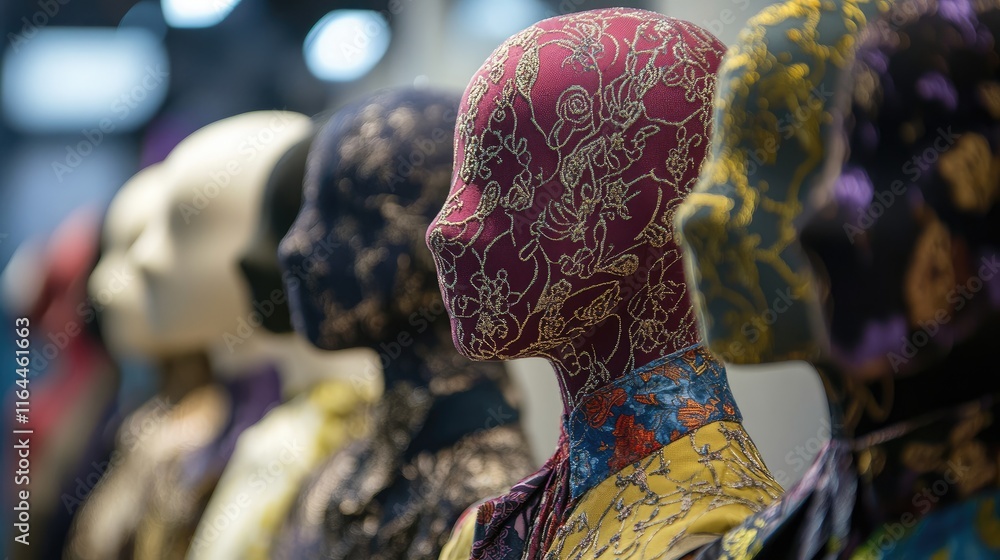 Poster close up of diverse fabric mannequin dummies showcasing intricate patterns and textures in a creativ