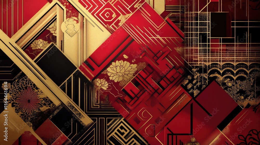 Poster intricate chinese new year geometric design with layered patterns and bold red and gold contrasts.
