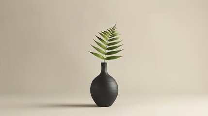 A matte black vase with a single elegant fern frond, isolated on a neutral background.