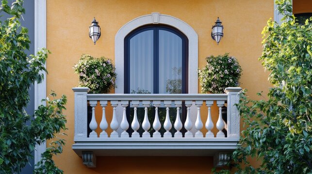 Charming balcony with decorative plants and elegant architecture on a vibrant orange house exterior