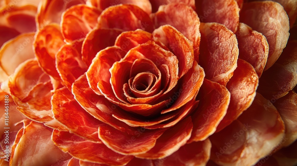 Poster decorative circular arrangement of cured ham styled as a flower with selective focus highlighting te