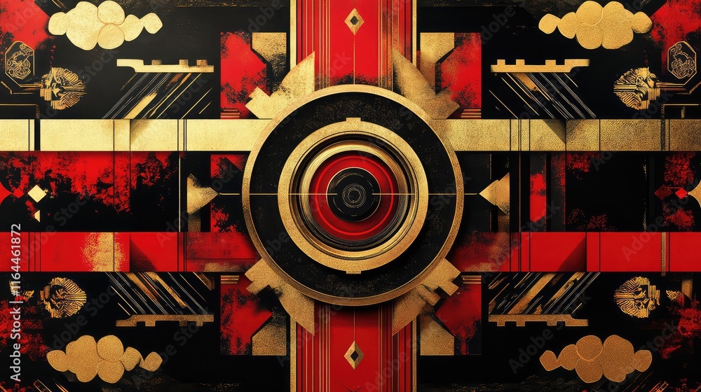 Poster intricate chinese new year geometric design with layered patterns and bold red and gold contrasts.