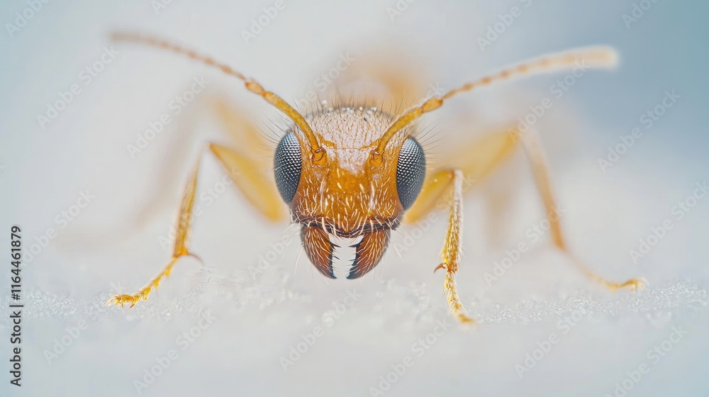 Poster close up macro photography of a small ant isolated on a white background showing detailed features a