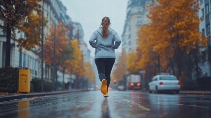 Curvy young woman jogging in the city park, promoting body positivity and healthy lifestyle