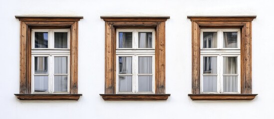 Obraz premium Elegant wooden windows on white walls highlighting architectural detail and timeless charm in a classic setting.