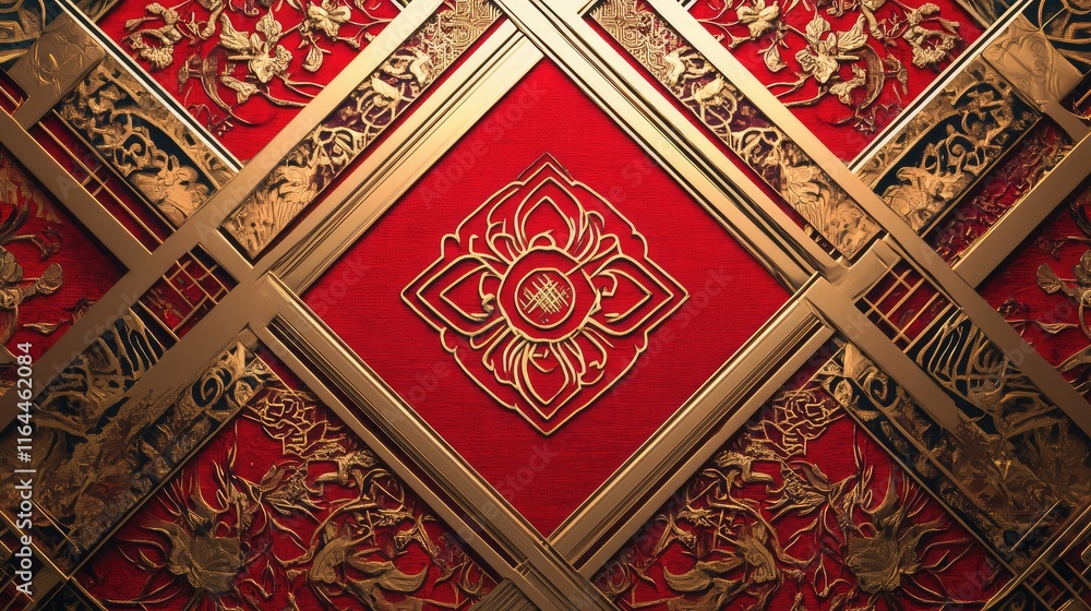 Poster intricate chinese new year geometric design with layered patterns and bold red and gold contrasts.