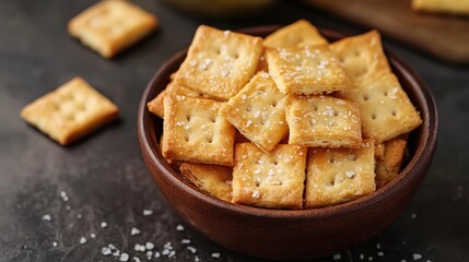 Salty crunchy biscuits served in a wooden bowl with a sprinkle of coarse sea salt on a dark rustic background
