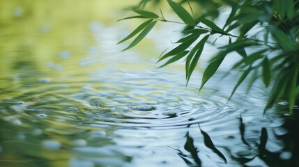 Bamboo Leaves Reflecting on Water Surface with Gentle Ripples and Blurred Green Background