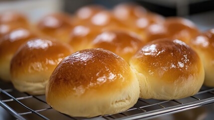 Freshly baked golden sweet buns cooling on a wire rack in a bakery showcasing their soft texture and glossy surface.