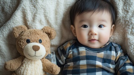 Adorable infant with teddy bear lying on soft blanket showcasing innocence and charm in cozy setting