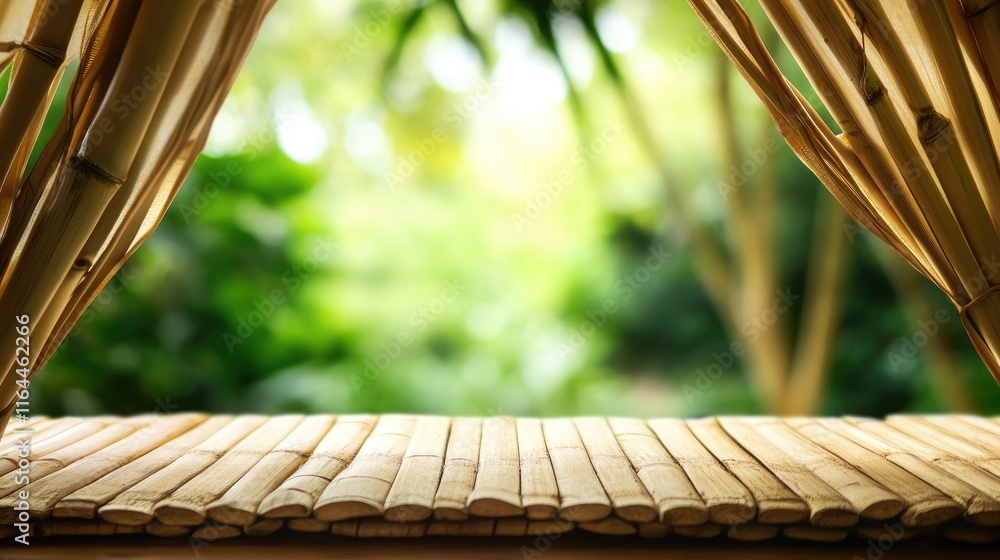 Poster bamboo wood table with blurred garden backdrop and empty space for text showcasing natural elements 