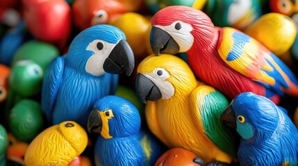 Obraz premium Colorful collection of vibrant plastic parrot toys featuring blue and gold macaws and other exotic birds on a playful background.