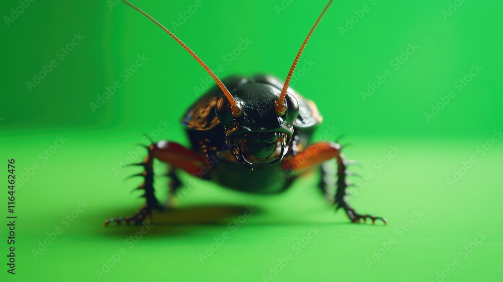 Poster cockroach with detailed features on vibrant green background showcasing its unique textures and colo
