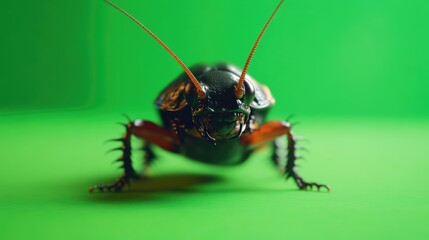 Fototapeta premium Cockroach with detailed features on vibrant green background showcasing its unique textures and colors in macro photography