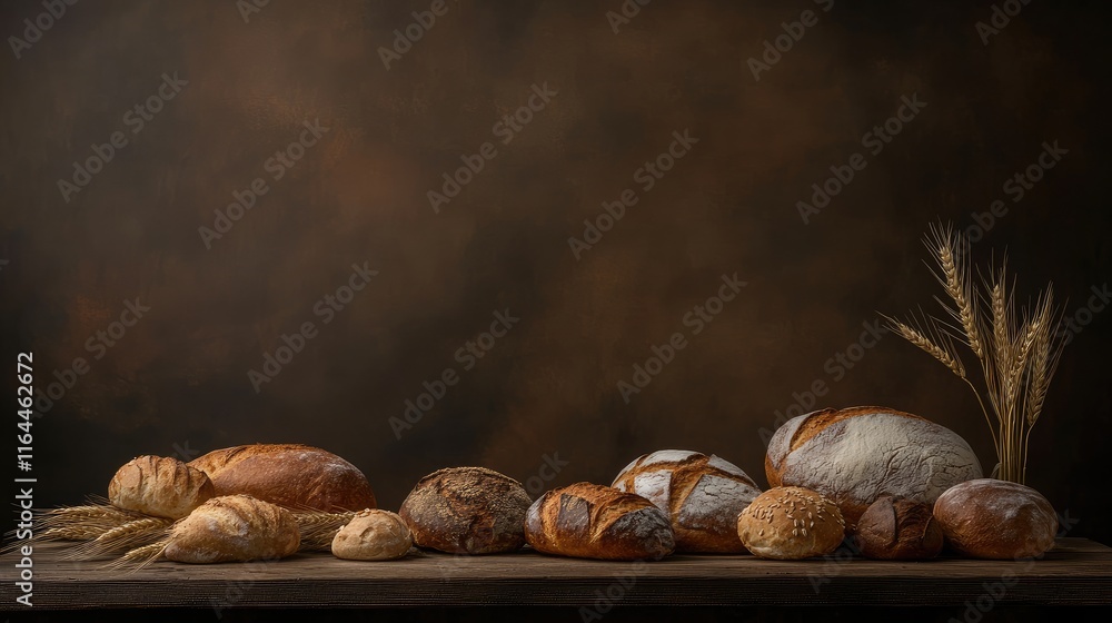 Poster artisan breads displayed on rustic wooden table with wheat ears and dark background for bakery or cu