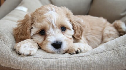 Adorable tan and white cockapoo puppy resting on a cozy dog bed with expressive eyes looking directly at the camera in soft lighting