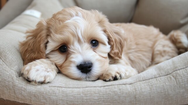 Adorable tan and white cockapoo puppy resting on a cozy dog bed with expressive eyes looking directly at the camera in soft lighting