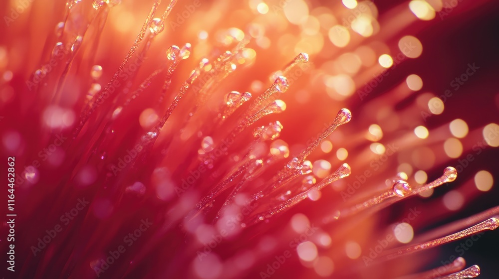 Poster abstract close-up image of vibrant red and orange textures with fine details and glistening droplets