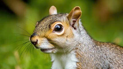 Fototapeta premium Portrait of a brown squirrel with expressive eyes set against a blurred green background in a natural habitat setting