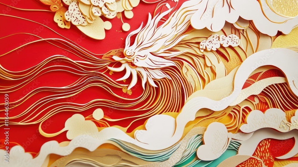 Aufkleber intricate paper-cutting abstract new year art with layered red and gold patterns symbolizing prosper
