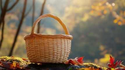 Bamboo basket on mossy ground with vibrant autumn foliage in the background creating a serene seasonal atmosphere