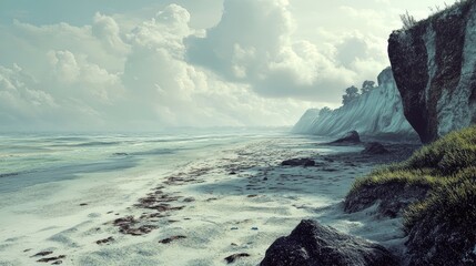 Serene coastal landscape with dramatic cliffs and a tranquil beach under a cloudy sky showcasing natural beauty and solitude.