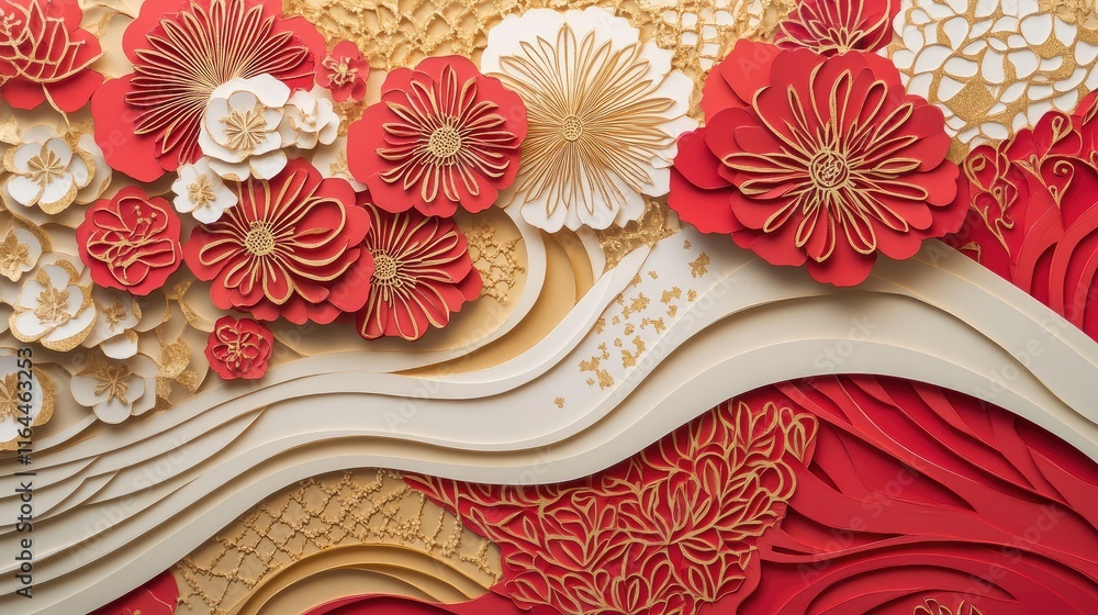 Aufkleber intricate paper-cutting abstract new year art with layered red and gold patterns symbolizing prosper