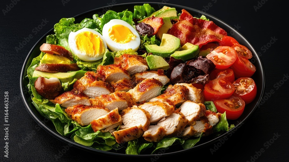 Aufkleber cobb salad featuring chicken fillet tomatoes eggs bacon avocado and lettuce presented on a dark tabl