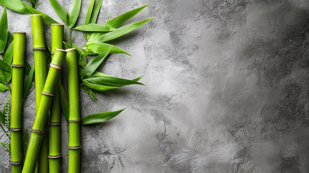 Poster bamboo arrangement on textured gray stone background with ample space for adding text or branding el